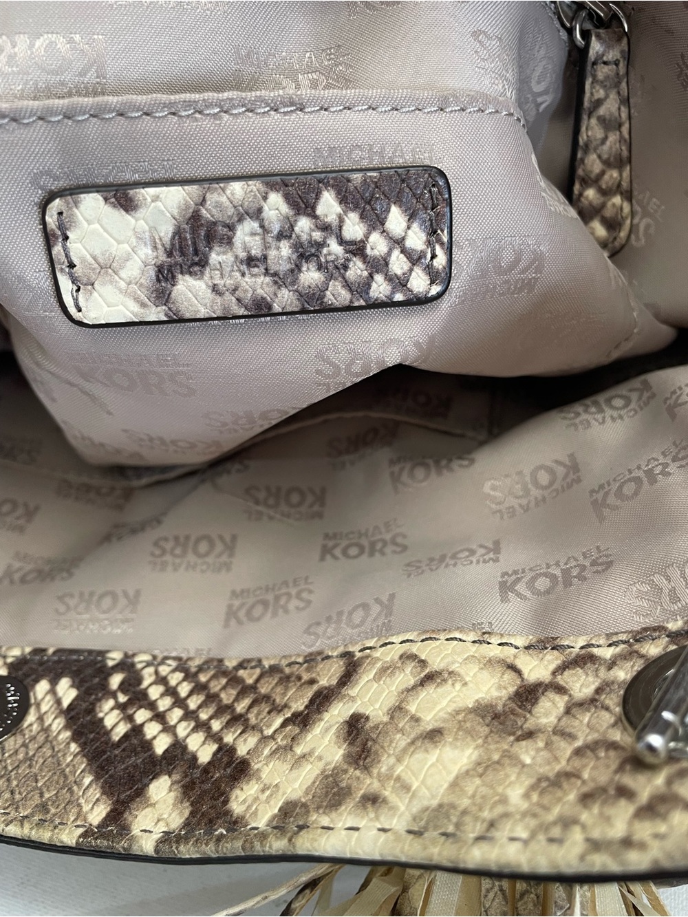 Michael Kors Brown and Cream Snake-Print Tassel Tote - Picture 8 of 8